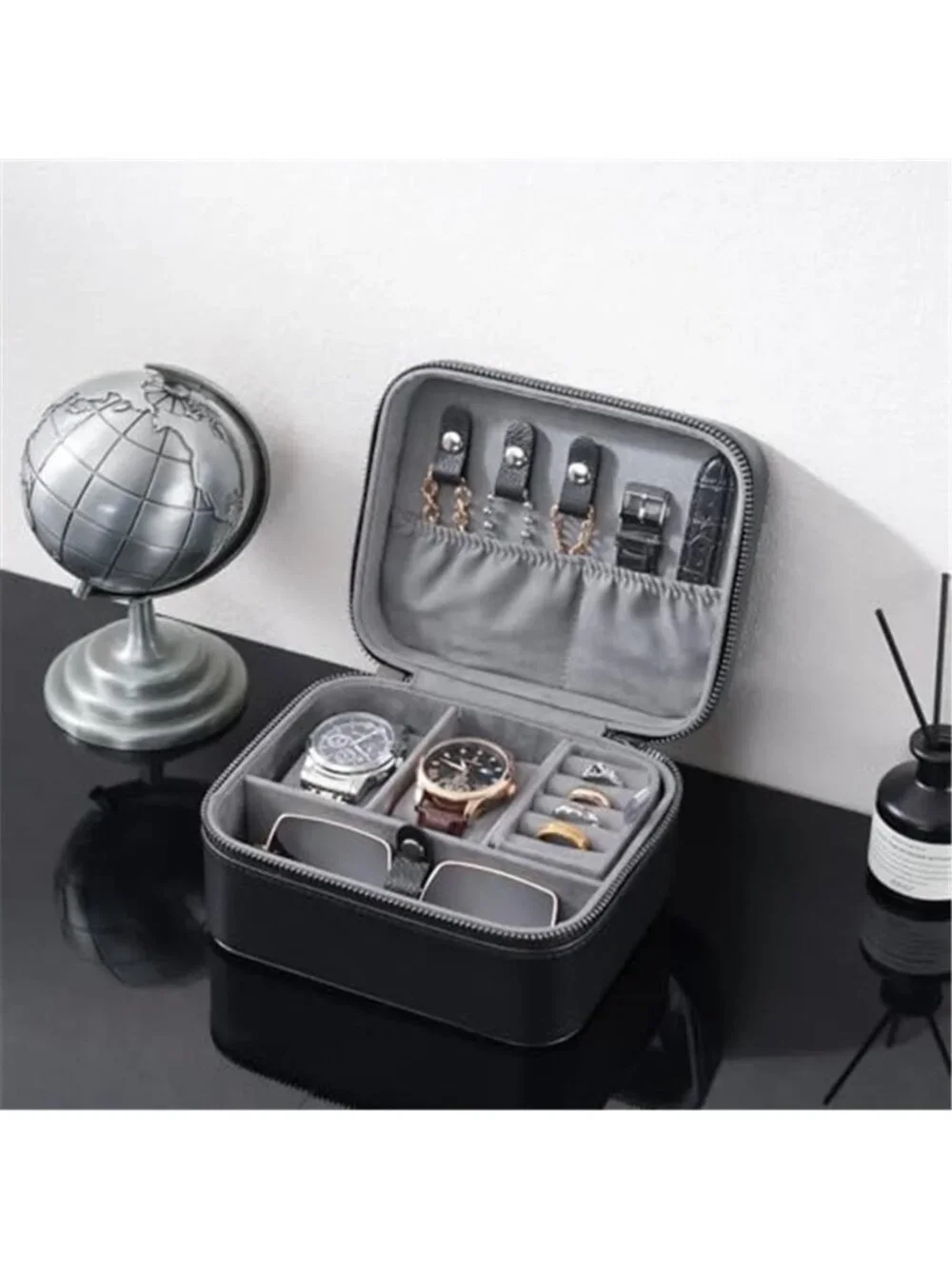 Travel Watch Case, 2 Slots Mens Jewelry Box -Black | PU Leather Storage